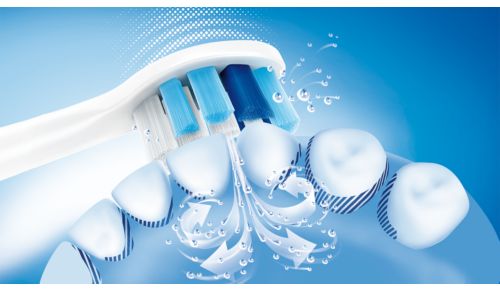La acción de limpieza dinámica de Sonicare conduce el fluido entre los dientes