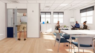 Virtual care station waiting room with seating and screens