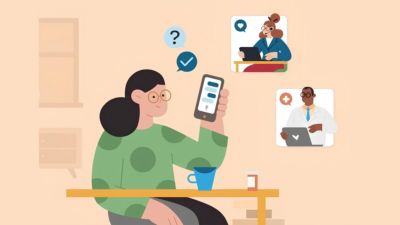 Person using smartphone with virtual assistant for telehealth consultation
