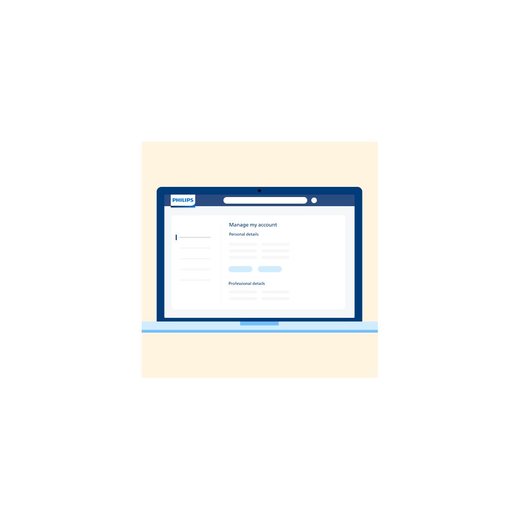 Illustration of a Philips account management screen on a laptop, showing sections for personal and professional details