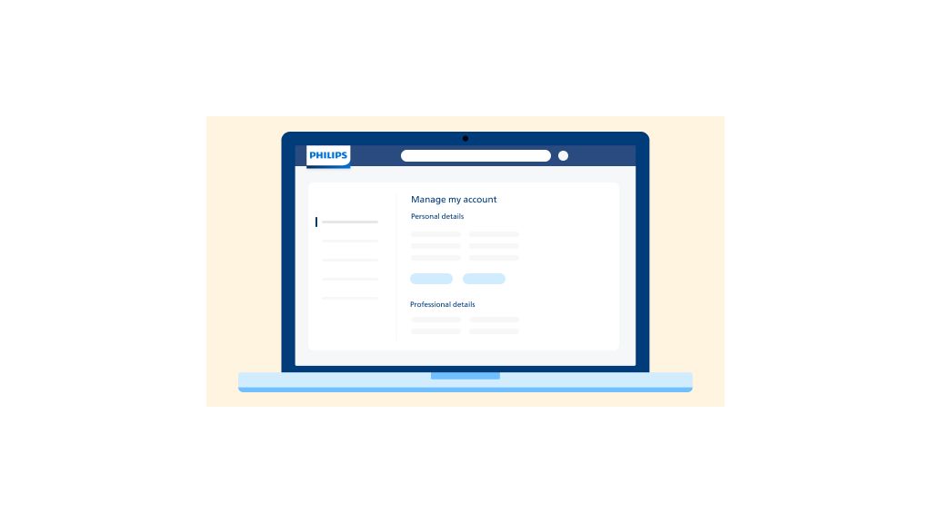 Illustration of a Philips account management screen on a laptop, showing sections for personal and professional details