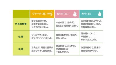 アーユルヴェーダの体型特徴チャート