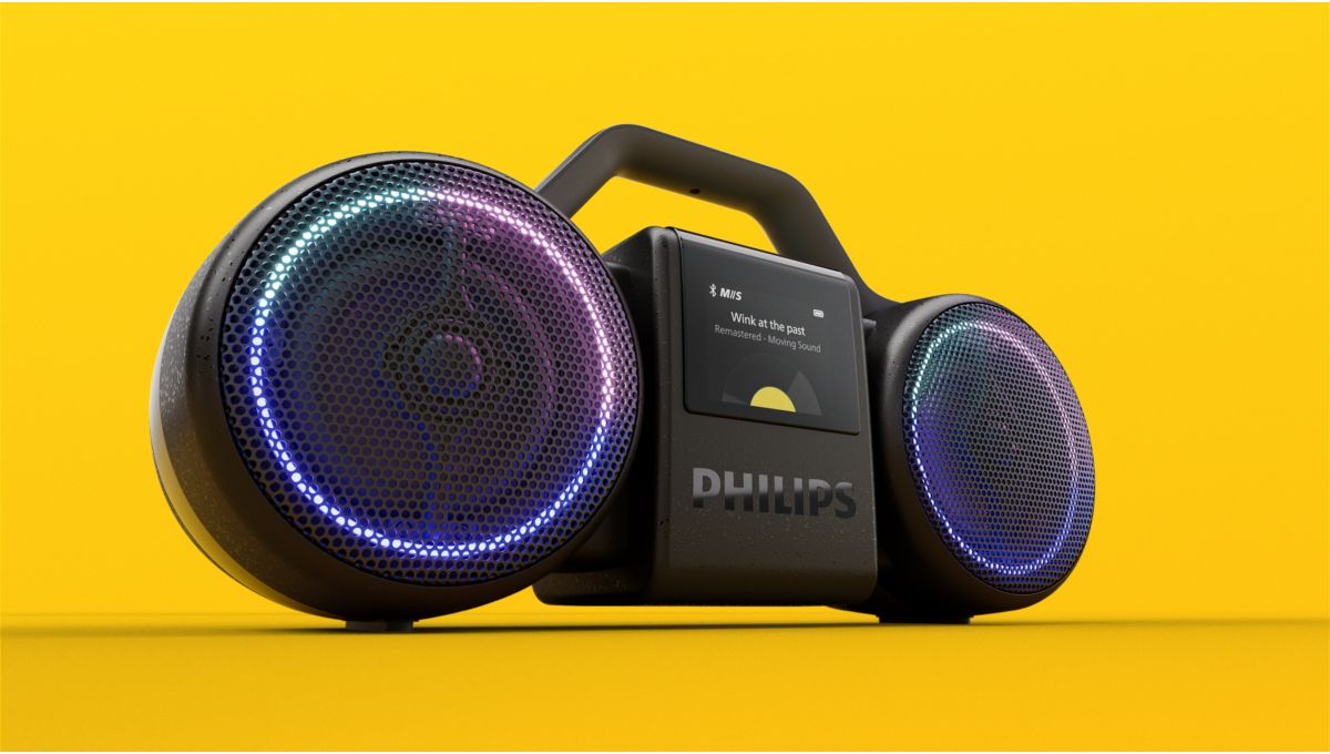 PHILIPS Moving Sound The Roller MS60 復古藍牙喇叭，黃色背景呈現 80 年代經典設計