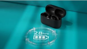 Up to 28 hours play time. Slimline charging case