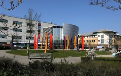 Exterior view of Broomfield Hospital in Chelmsford, part of Mid and South Essex NHS Foundation Trust