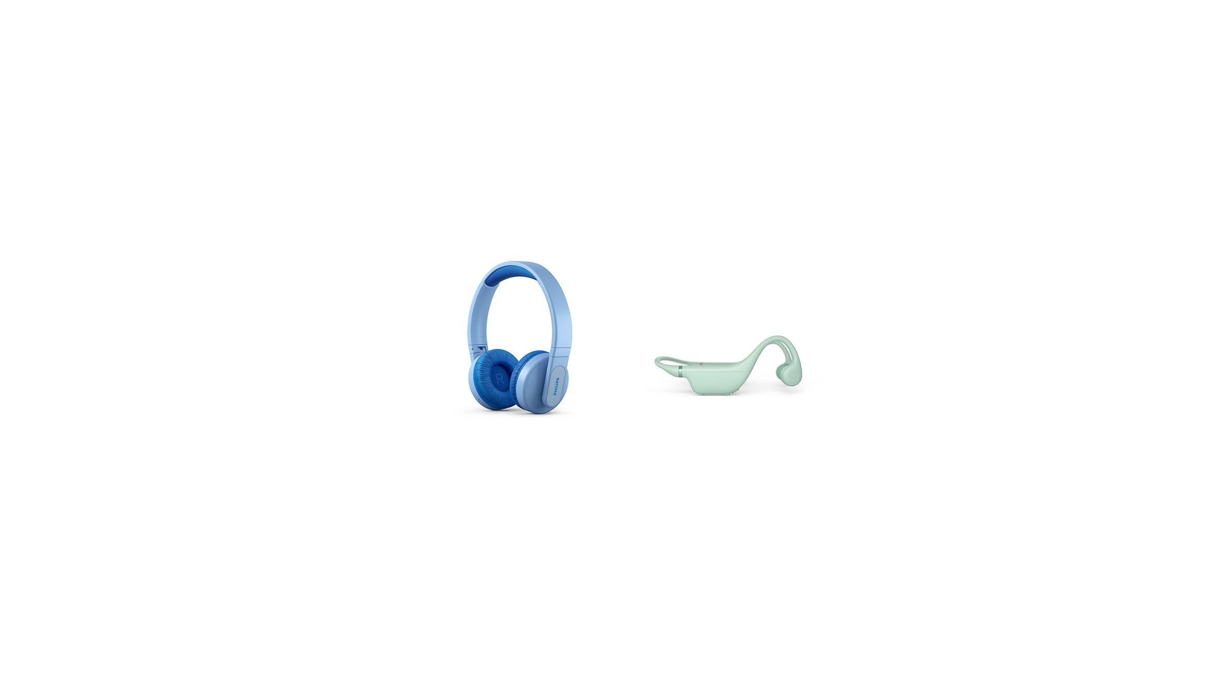 A blue headband kids headphones and a green open ear kids headphones