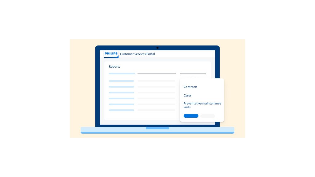 Philips portal interface on a laptop, showing a welcome message and options for "Connected systems" and "Case updates by type