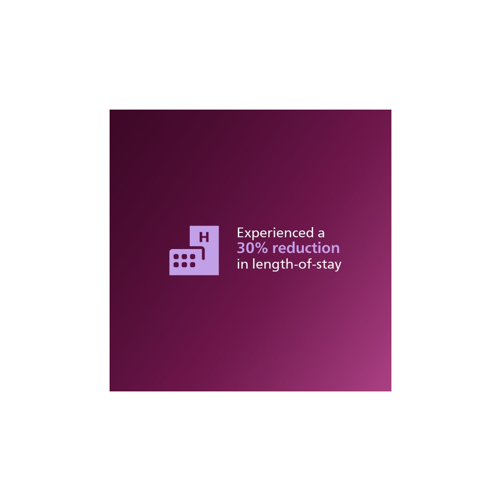 "Experienced a 30% reduction in length of stay" infographic with hospital icon