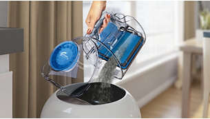 Depósito de polvo diseñado para ofrecer un vaciado higiénico con una sola mano