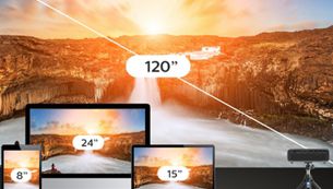 Proiectează clipuri video şi imagini de până la 120" în Full HD