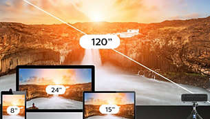 Projicējiet Full HD izšķirtspējas video un attēlus 120 collu lielumā