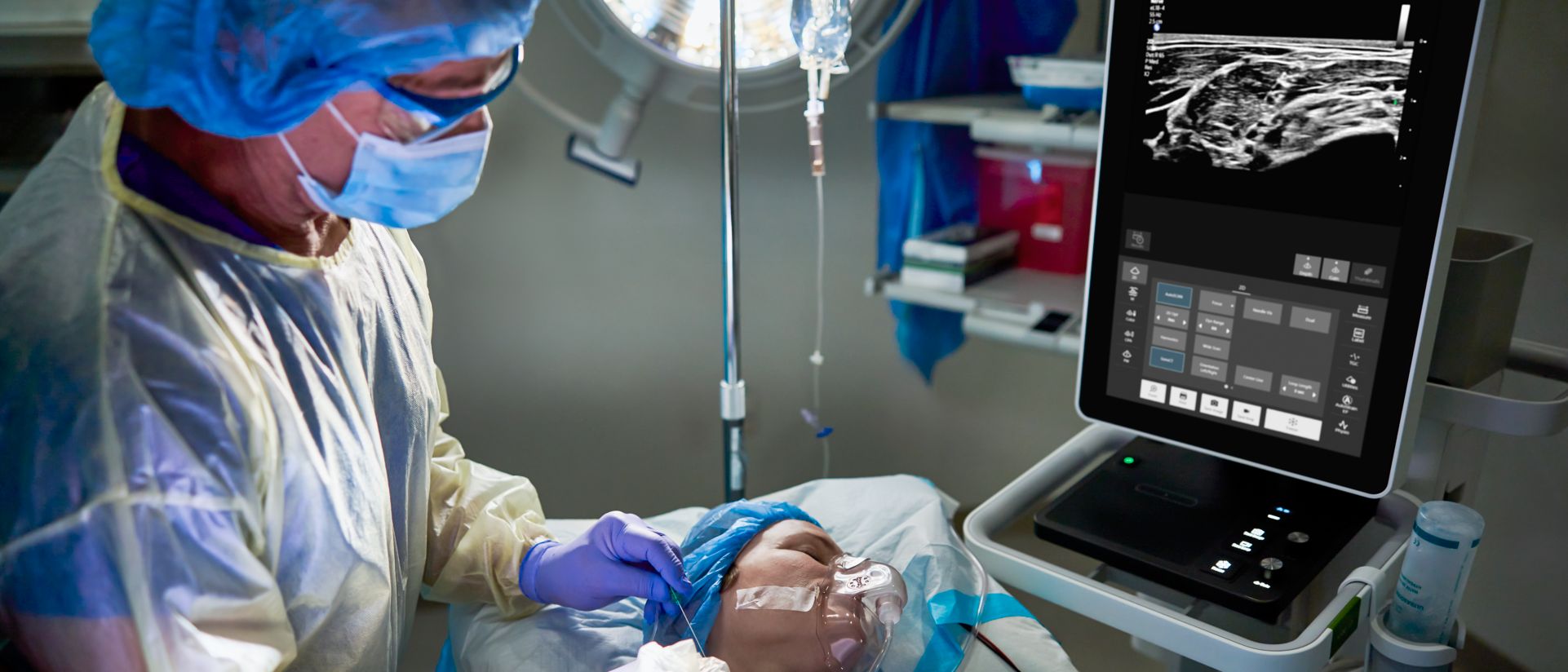 Clinician in anesthesia setting imaging the interscalene nerve.