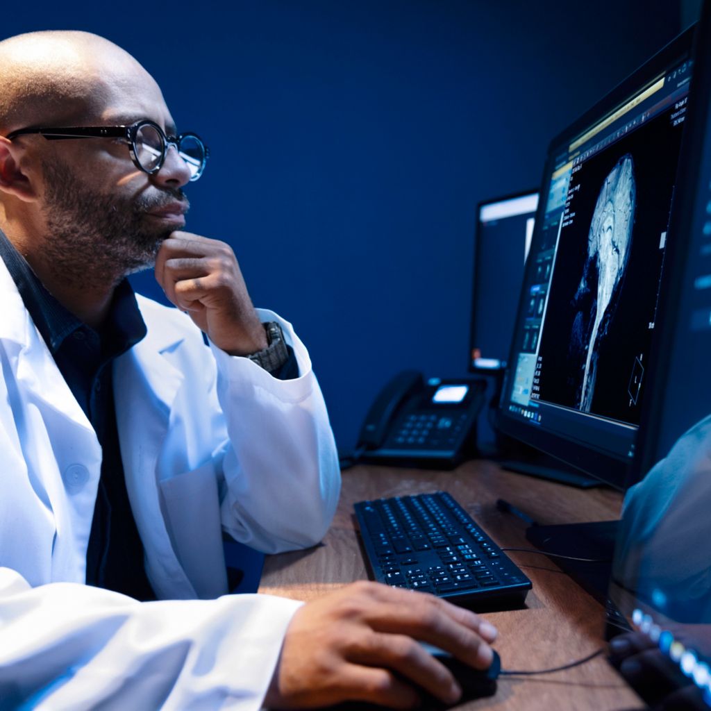Care provider looking at screen in dark imaging room