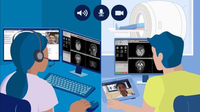 Illustration of clinicians collaborating remotely on MRI scans via video and data sharing