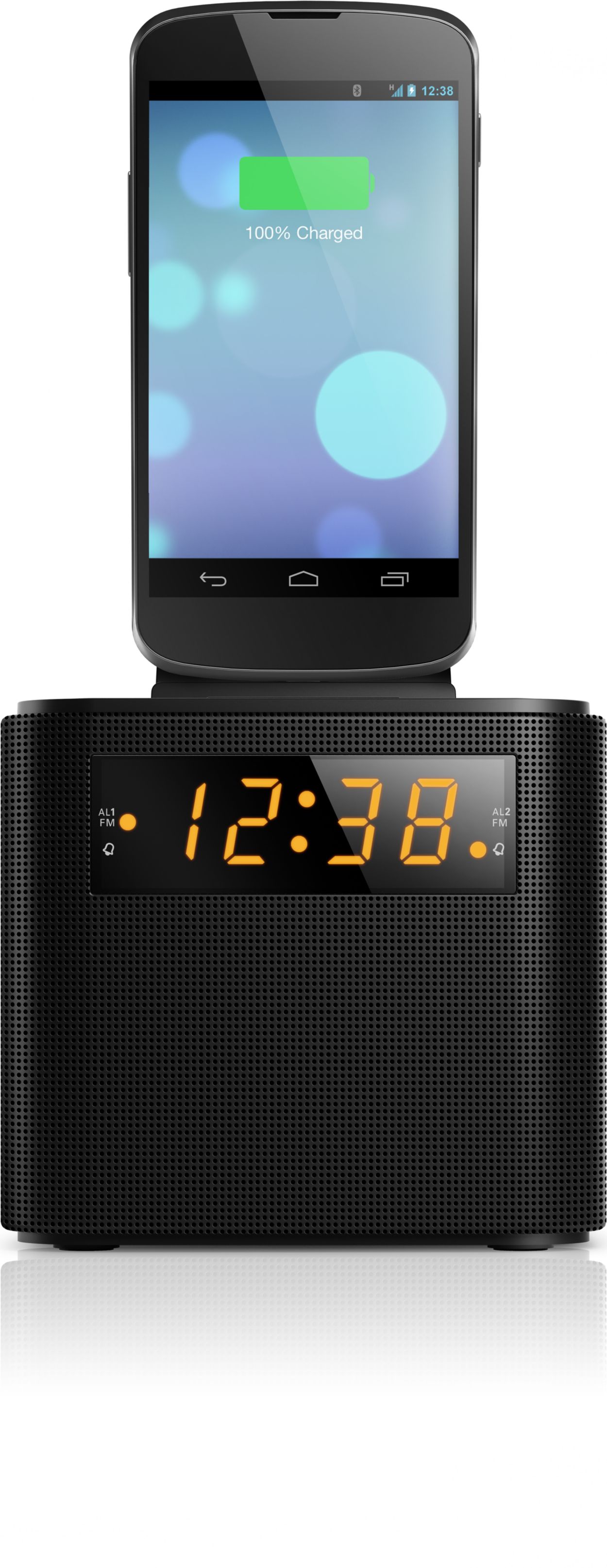 Wake up to FM radio and a smartphone fully charged