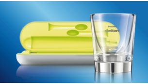 Dual Charging System: Charging glass and travel case.