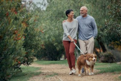 Couple walking their dog in a green park