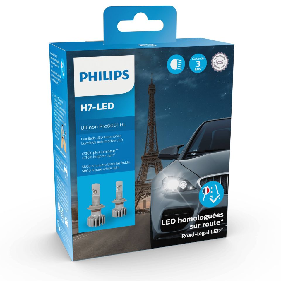 Philips Ultinon Pro6001 H7-LED, Première Ampoule LED pour éclairage avant  Automobile Homologuée sur Voie Publique en France, jusqu'à 230% de