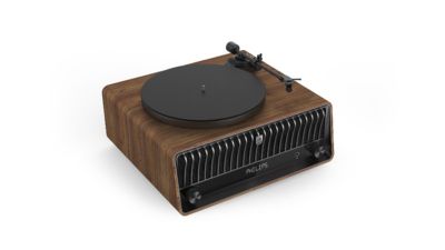 All in one turntable system with integrated speakers