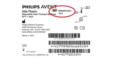 Philips Avent Infa-Therm disposable infant transport mattress product label with reference number highlighted