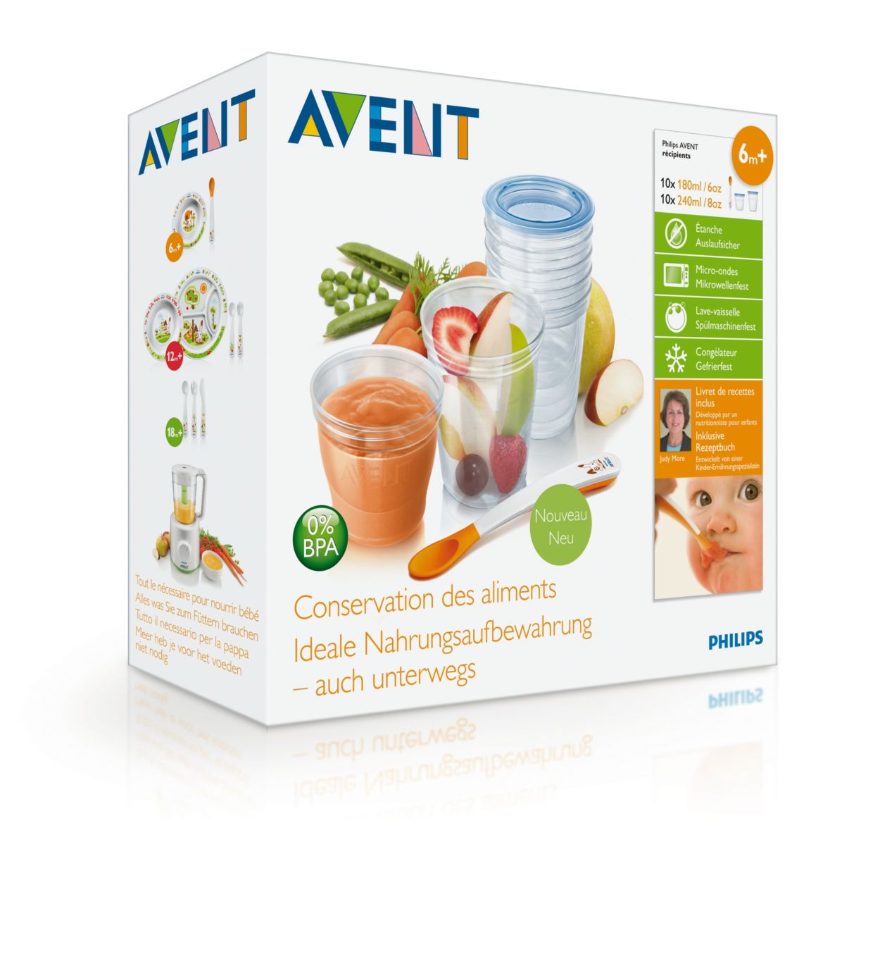 Philips Avent Pots de conservation 10x180 ml et 10x240 ml avec couvercles  associés et cuillère de sevrage (Modèle SCF721/20)