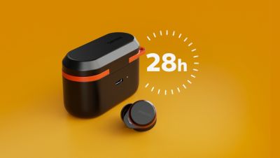 Keine Sorge. Bis zu 28 Stunden Wiedergabezeit dank Ladetasche