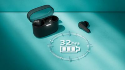 Up to 32 hours play time. Pocket-sized charging case