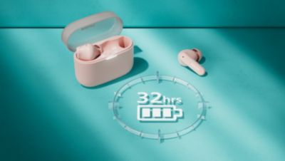 Up to 32 hours play time. Pocket-sized charging case