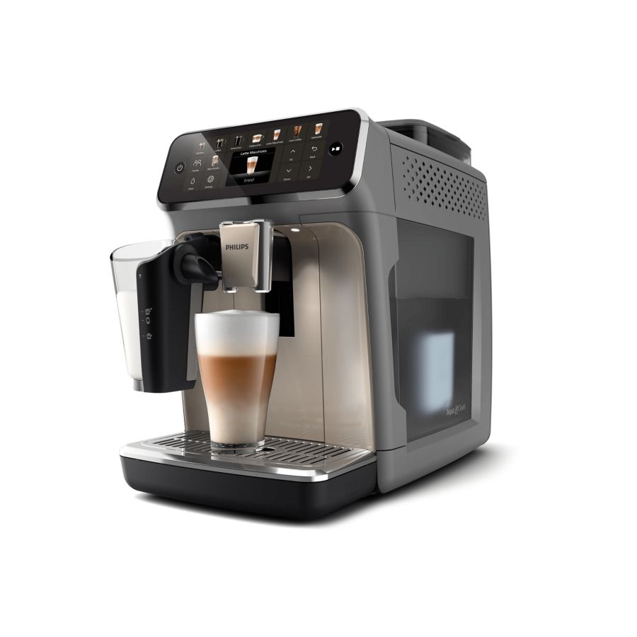 Philips 5500 LatteGo EP5544/94 · Maschine, LatteGo und fertiges Getränk