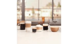 Du har 6 drikke lige ved h&aring;nden, herunder cappuccino