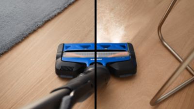 A escova de sucção de 360° captura e ilumina o pó escondido com luzes LED