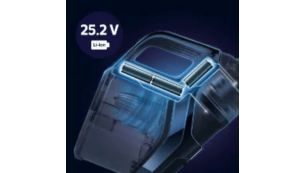 Op til 75 min.* effektiv reng&oslash;ring med 25,2 V Li-ion-batteri