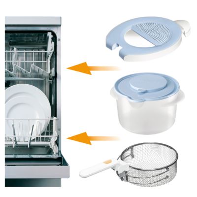A cesta de fritura, a tampa e o coletor de óleo são próprios para lava-louças