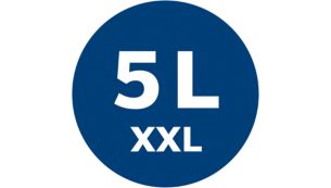 XXL-kapacitet på 5 l og ekstrem sugestyrke, selv når posen bliver fyldt op