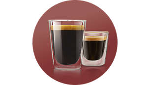 Wählen Sie zwischen 2 Rezepten: kleiner, starker oder milder, normaler Kaffee