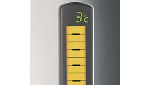 Pantalla LCD con indicación de temperatura, volumen y estado óptimo