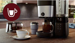 Préparez le café dans la verseuse, une tasse*, un mug* ou une gourde** grâce à la préparation tout-en-un