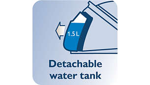 Afneembaar waterreservoir van 1,5 liter, max. twee uur strijken