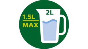 Maximum 2 literes kapacitás, a kehely működési kapacitása: 1,5 liter