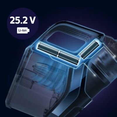 Akumulatory litowo-jonowe 25 V pozwalają na sprzątanie przez 65 minut