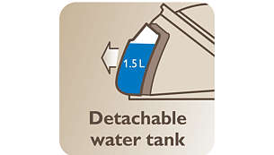 1,5 literes kivehető víztartály, akár 2 óra vasalás