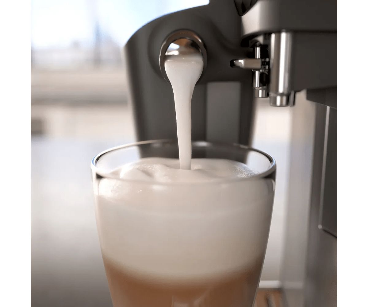 Official close view of LatteGo dispensing milk foam into a cappuccino