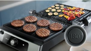 Opent 180° zodat je hem zelfs als tafelgrill kan gebruiken