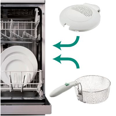 The frying basket and detachable lid are dishwashable